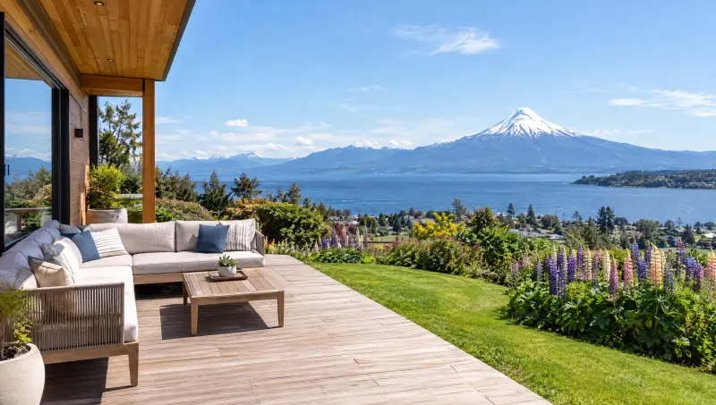 Terraza frente al lago Llanquihue en Puerto Varas